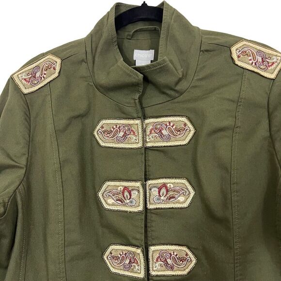 Chico's Womens Size 3 XL Olive Green Beaded Embellished Band Military Jacket New - Picture 3 of 6